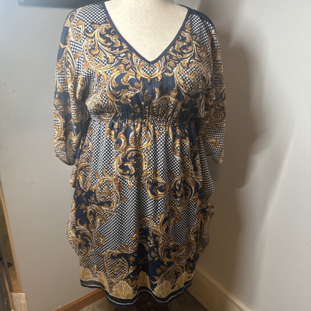 MPH Collection Blue/Multi Paisley Kaftan Dress Chiffon Kimono Sleeve L Boho
